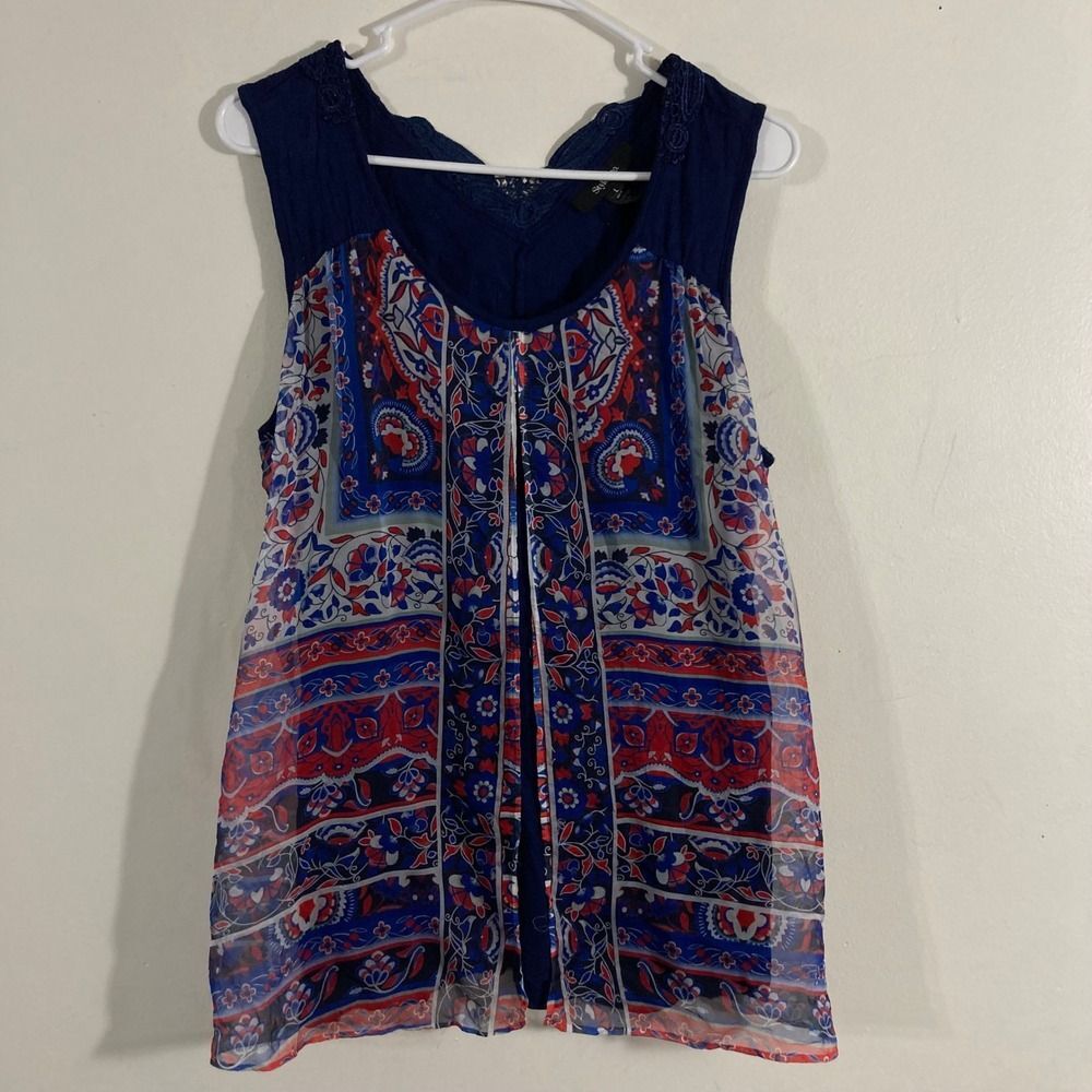 Style & Co Sleeveless Top Womens Large Navy Blue Paisley Lace Mixed Media Boho